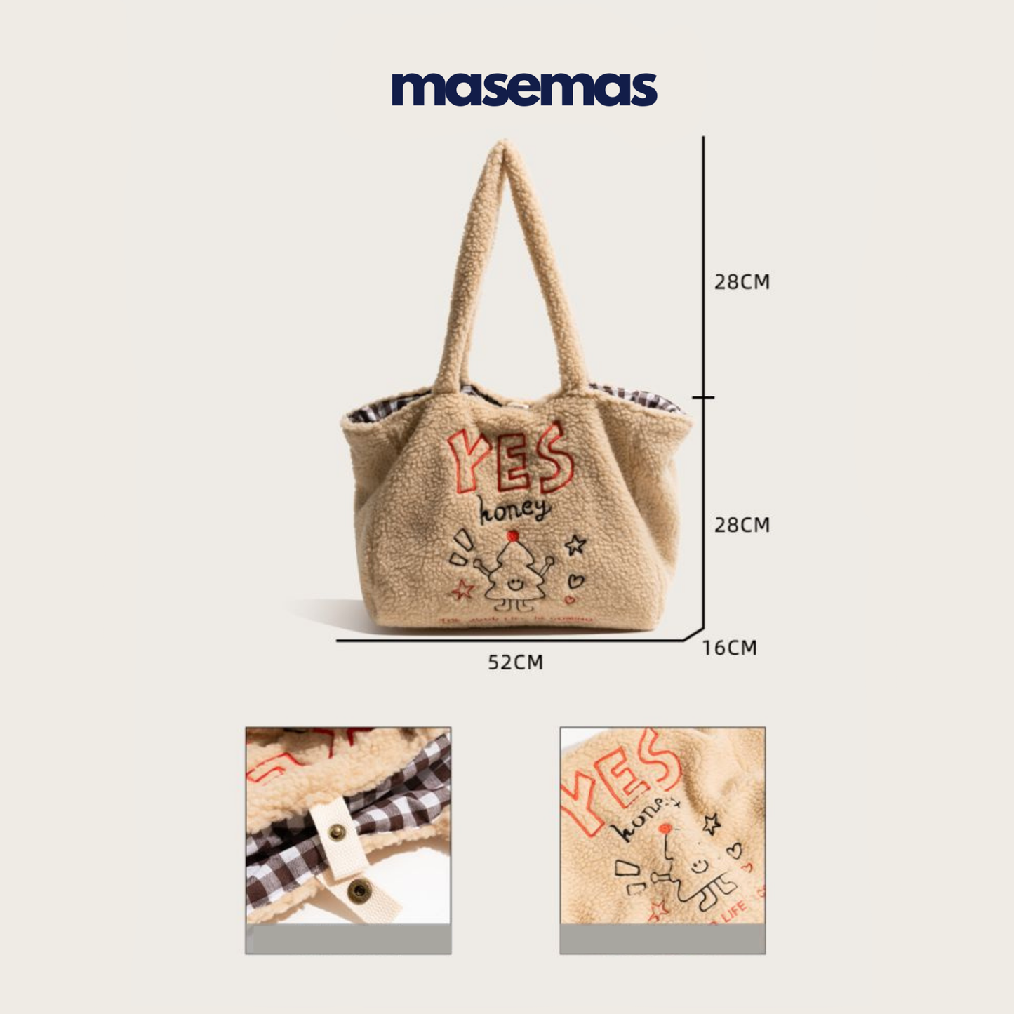 masemas Çift Taraflı Kol Çantası Büyük Kapasiteli Yün Görünümlü Çanta