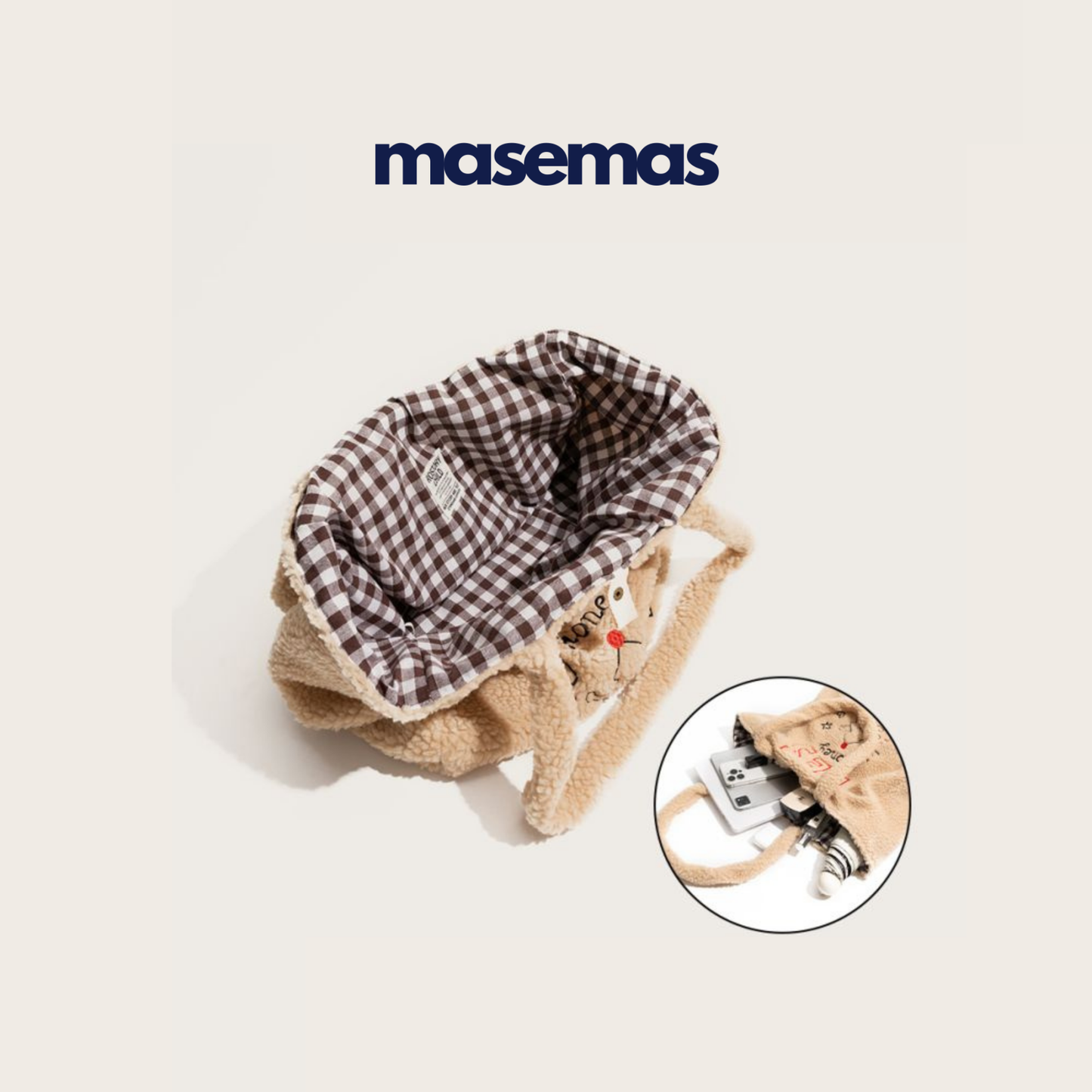 masemas Çift Taraflı Kol Çantası Büyük Kapasiteli Yün Görünümlü Çanta