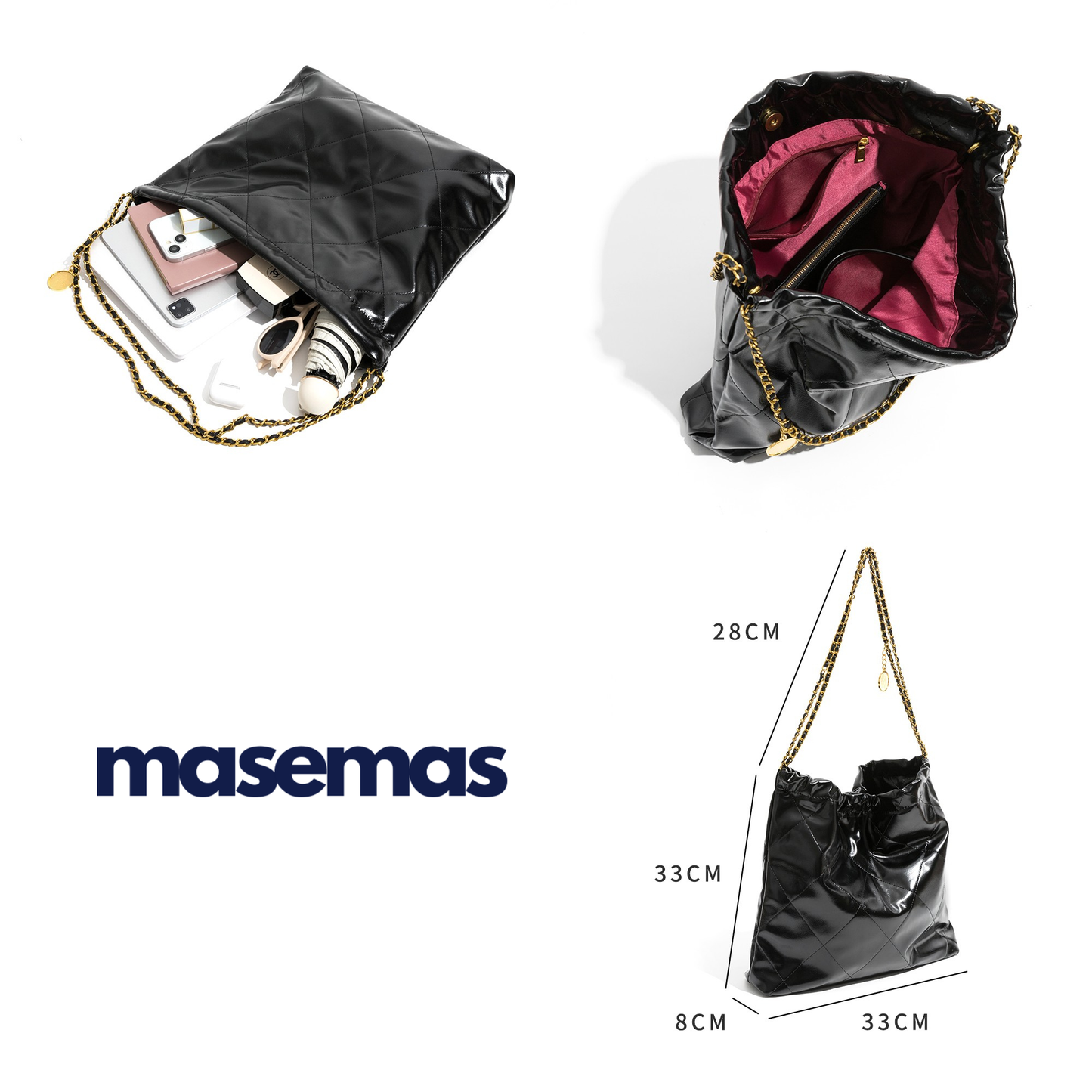 masemas Siyah Pembe Deri Baklava Altın Zincir Çanta