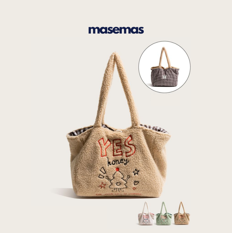 masemas Çift Taraflı Kol Çantası Büyük Kapasiteli Yün Görünümlü Çanta