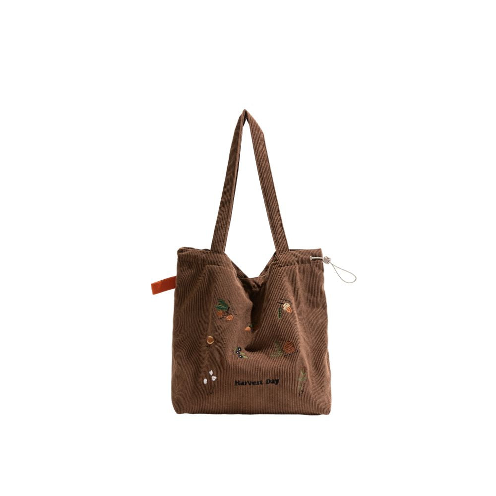 Orange girl retro cartoon embroidered corduroy bag autumn and winter new lazy style drawstring shoulder bag tote bag image 5