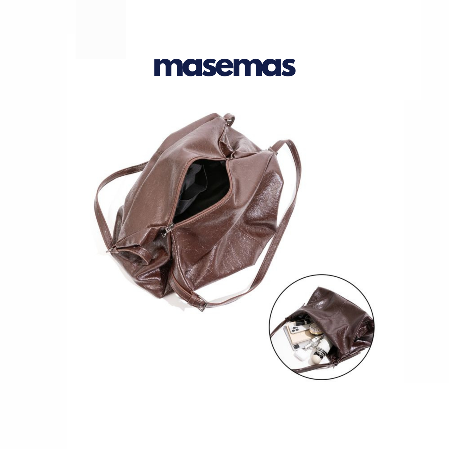 masemas Retro Parlak Kahve Deri Çanta Geniş Kapasite